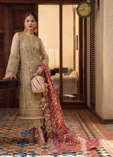 Olive grey heavy embroidered organza suit with maroon printed dupatta model view