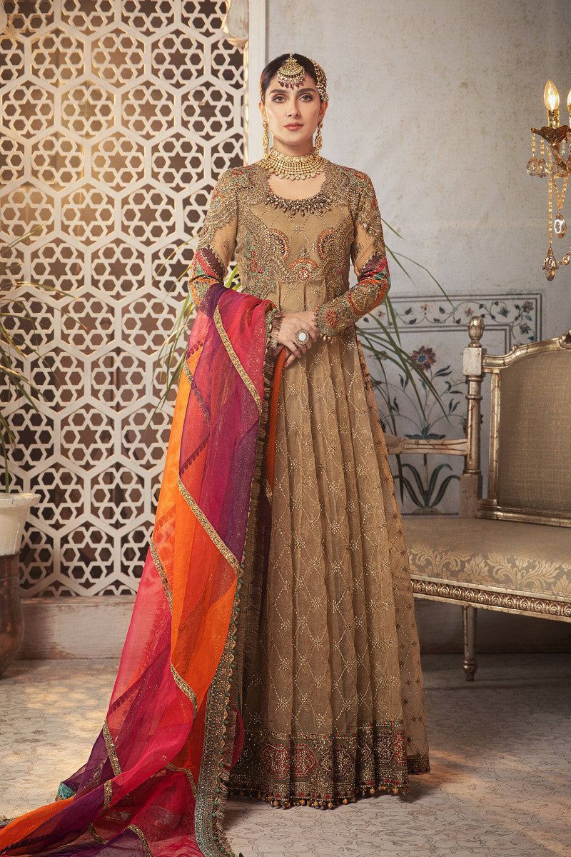 Antique gold embroidered organza frock 3 piece unstitched suit front model view

