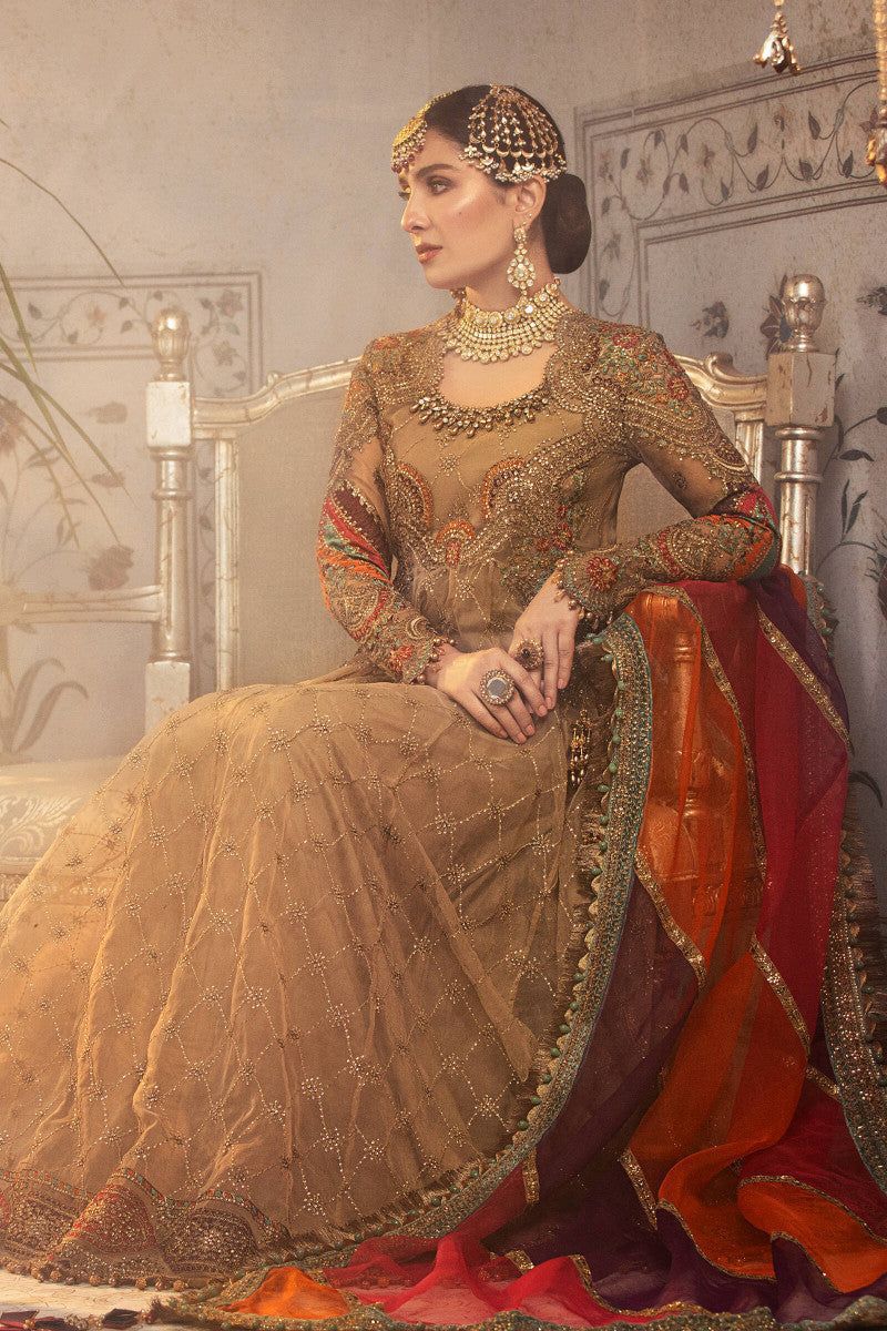 Antique gold embroidered organza formal suit sitting model view
