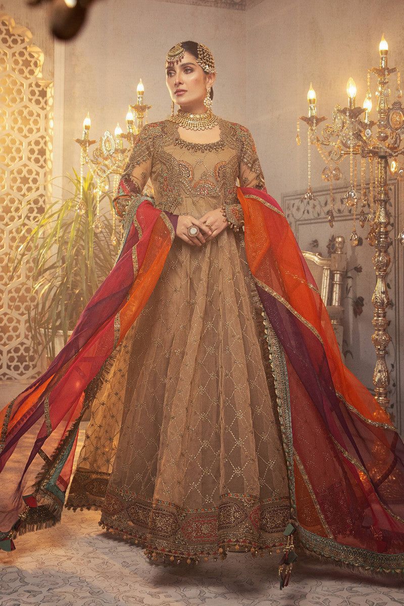 Antique gold formal organza suit with multi color embroidered dupatta
