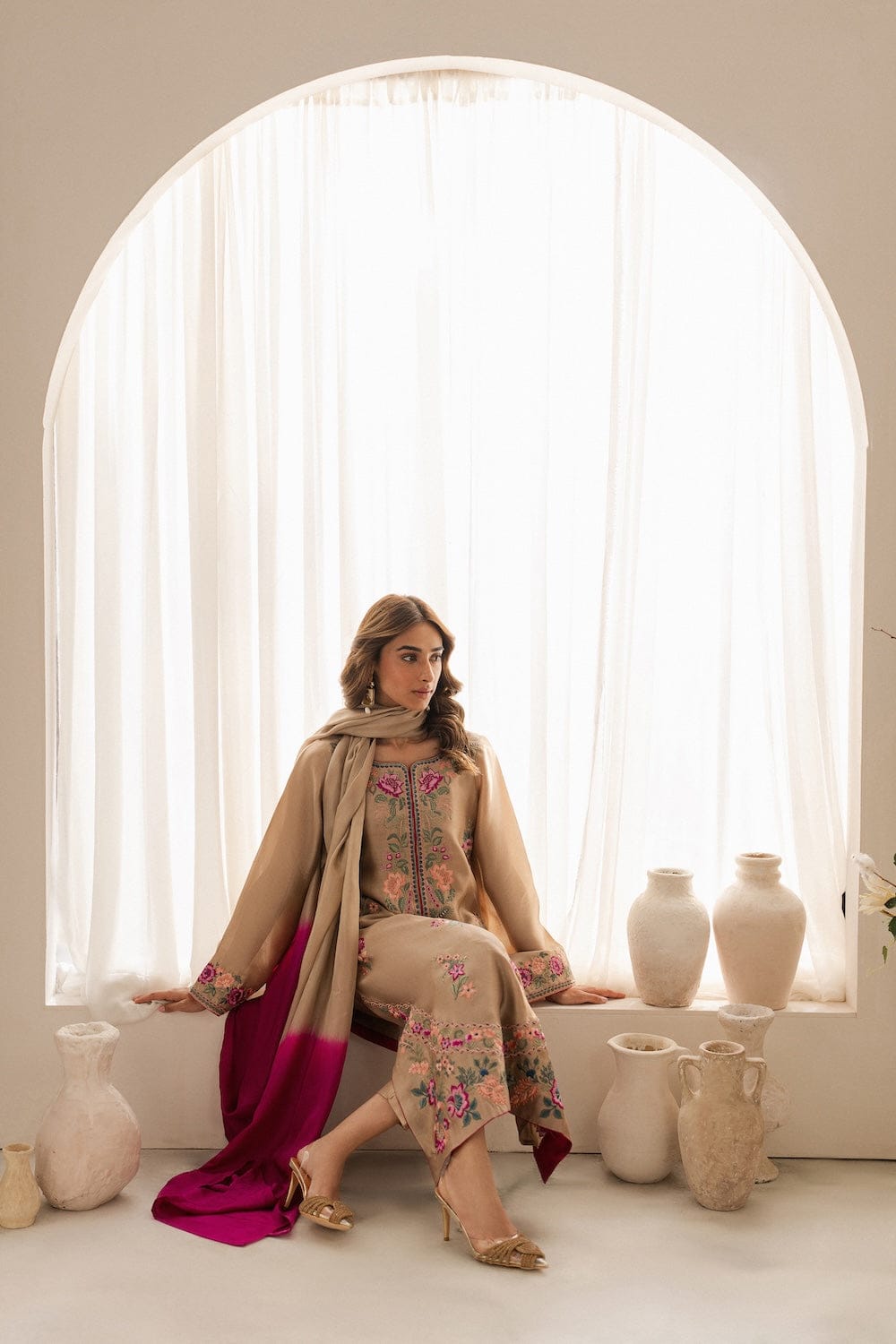 Beige embroidered lawn suit full model view with tie dye dupatta
