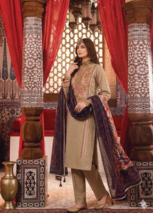 Beige embroidered lawn suit with printed voile dupatta front view
