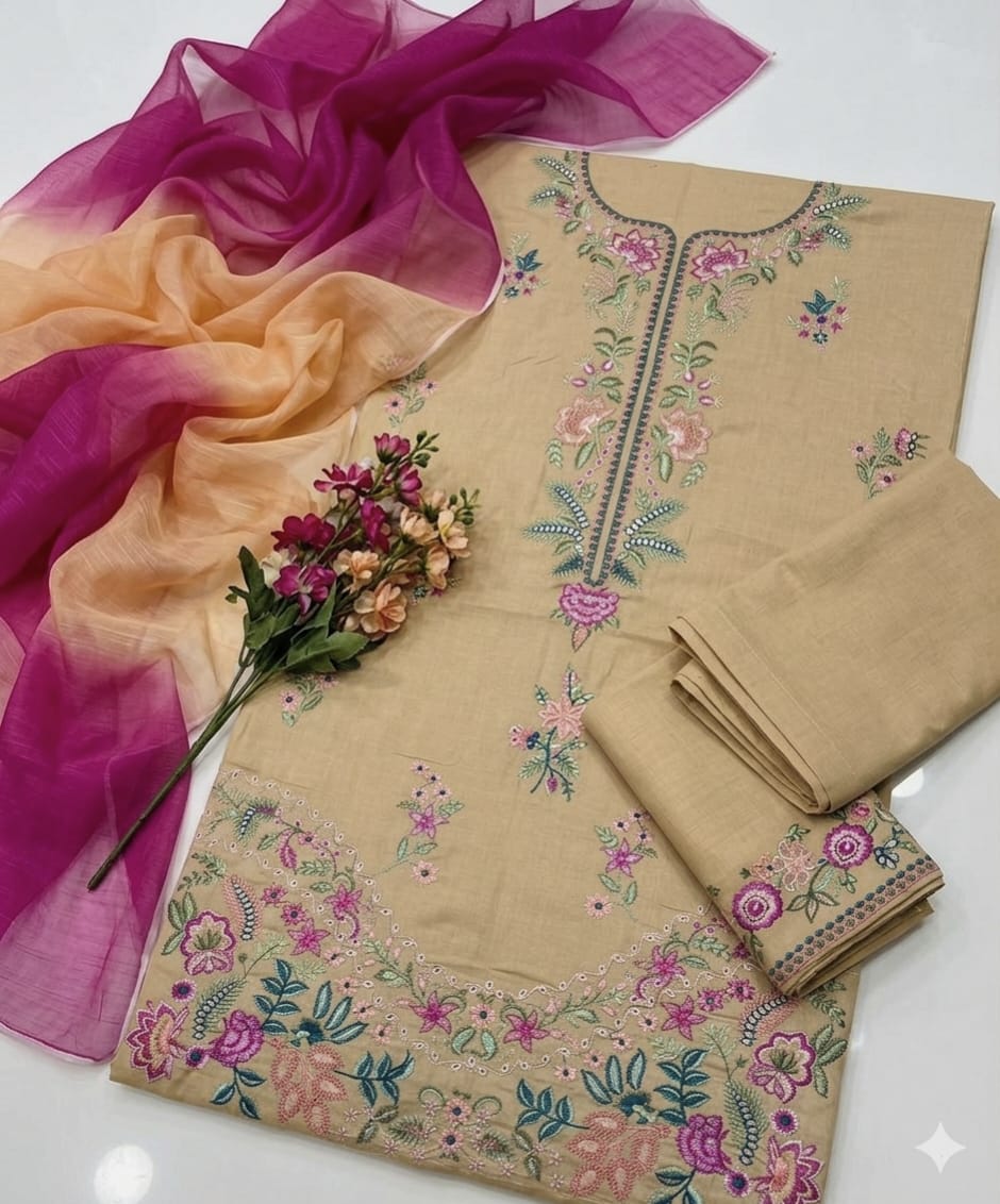 Beige embroidered lawn unstitched suit flat lay with shirt sleeves trouser and dupatta