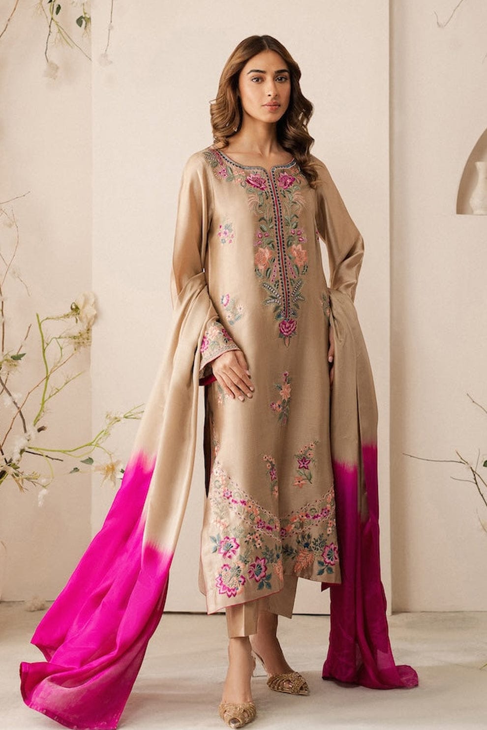 Beige embroidered lawn 3 piece unstitched suit front model view
