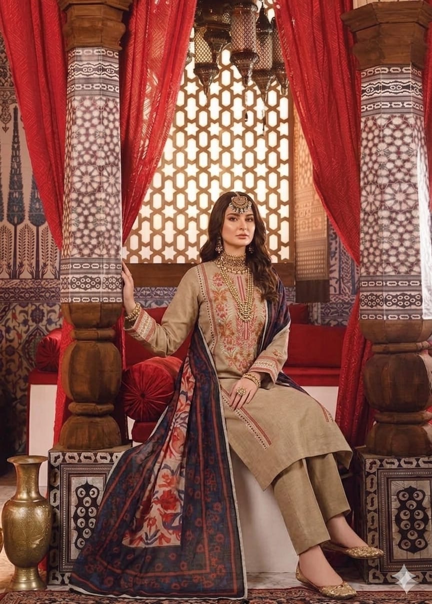 Beige embroidered lawn 3 piece suit seated model view with printed dupatta