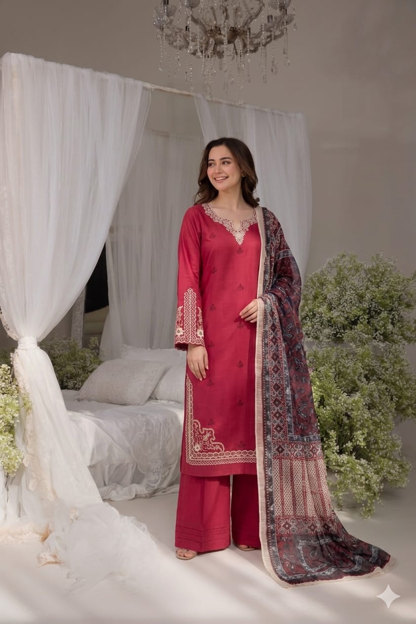 Berry pink embroidered lawn 3 piece unstitched suit front model view