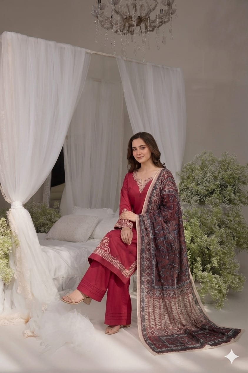 Berry pink embroidered lawn suit seated model view with printed dupatta