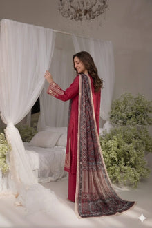Berry pink embroidered lawn suit with printed monark voile dupatta back side view