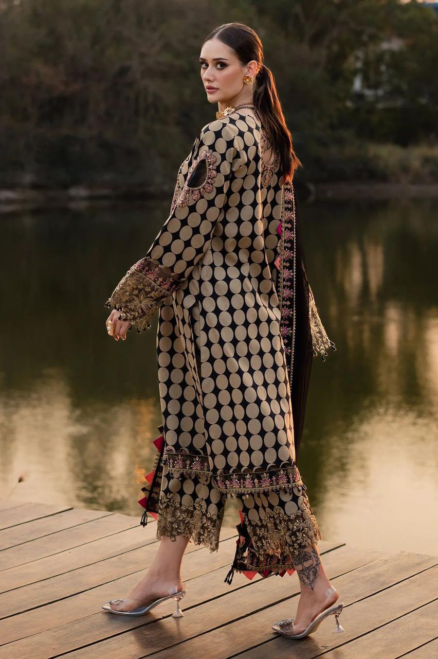 Black beige lawn suit back side model view with chiffon dupatta