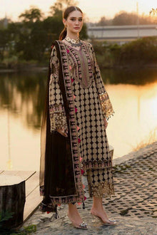Black beige printed lawn 3 piece unstitched suit front model view