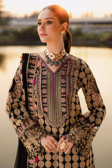 Black beige printed lawn suit closeup with embroidered neckline and sleeves