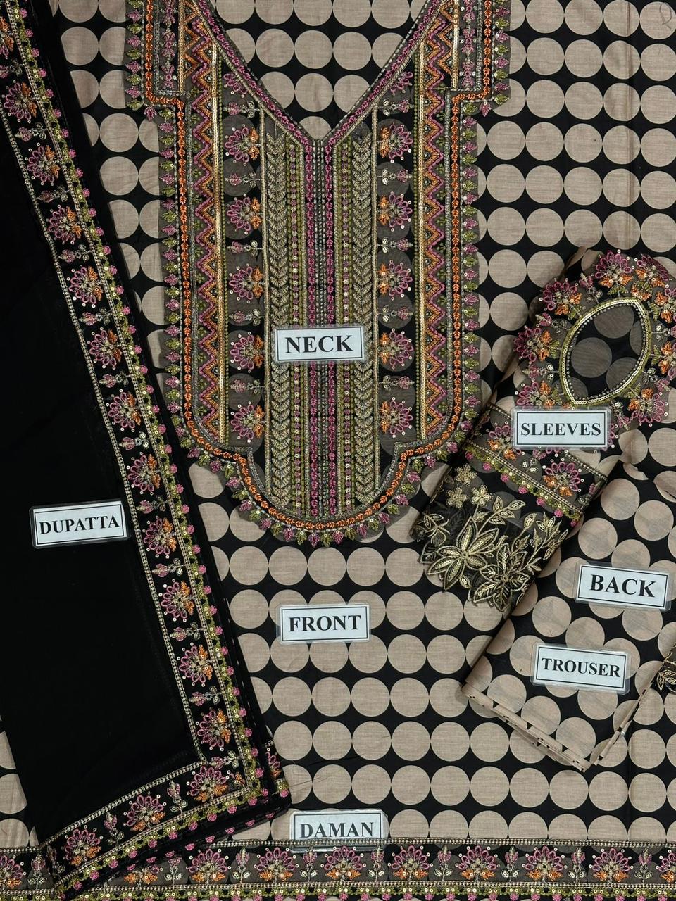 Black beige printed lawn unstitched suit flat lay with shirt trouser and dupatta