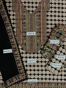 Black beige printed lawn unstitched suit flat lay with shirt trouser and dupatta