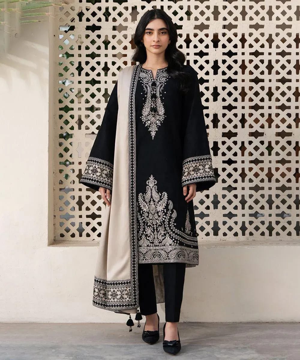 Black embroidered lawn 3 piece unstitched suit front model view