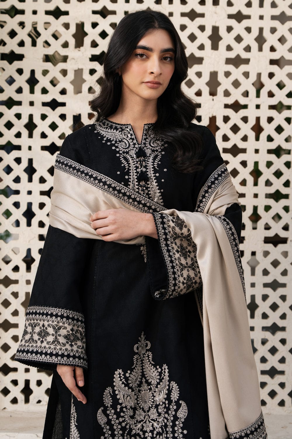 Black embroidered lawn suit close up with contrast dupatta