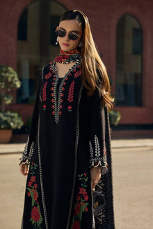 Black embroidered lawn suit front model view with contrast dupatta