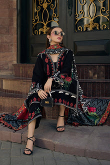 Black embroidered lawn suit sitting model view with printed dupatta