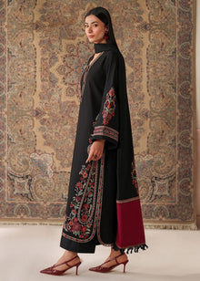 Black embroidered lawn suit side model view with printed dupatta