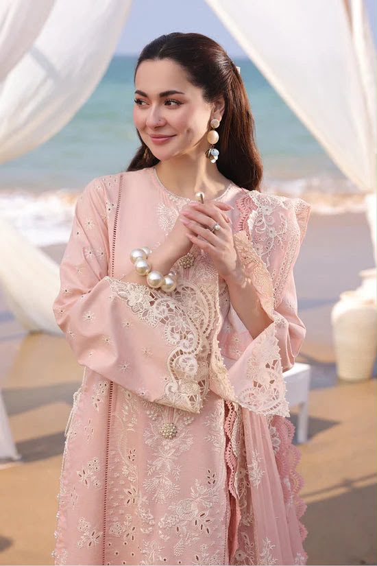 Blush pink embroidered lawn suit side view with ready to wear chiffon dupatta
