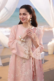 Blush pink embroidered lawn suit side view with ready to wear chiffon dupatta
