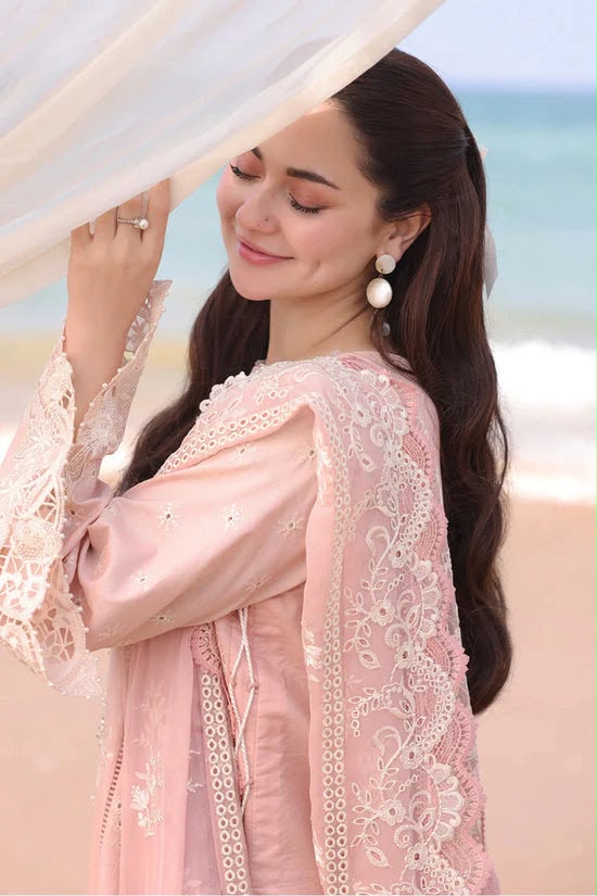 Blush pink lawn suit closeup with ivory embroidery and embroidered dupatta
