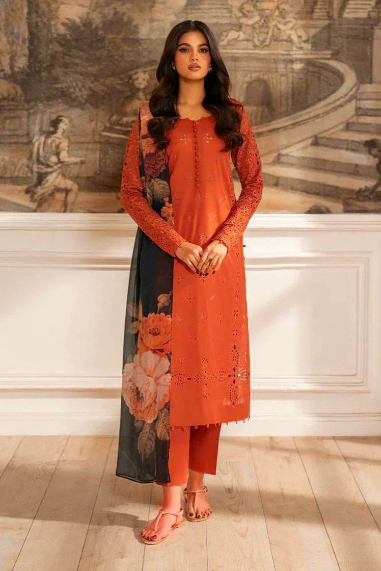 Burnt orange chikankari lawn 3 piece unstitched suit front model view