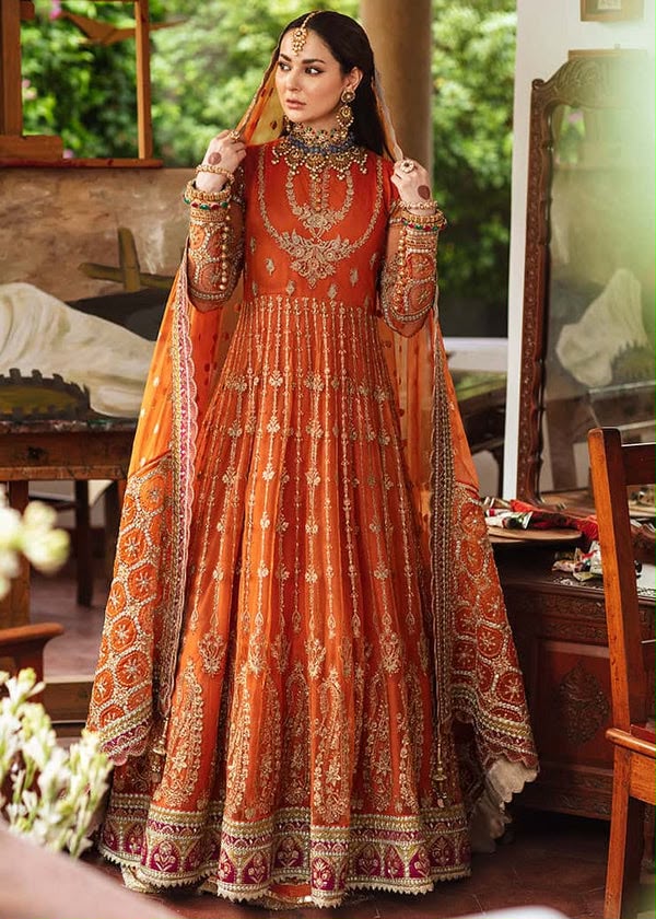 Burnt orange heavy embroidered maxi suit with net dupatta front view