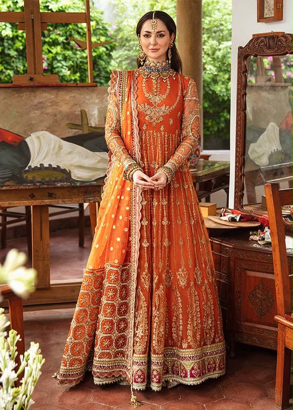 Burnt orange heavy embroidered net maxi 3 piece unstitched suit front model view