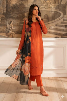 Burnt orange lawn suit with dark floral printed monark voile dupatta