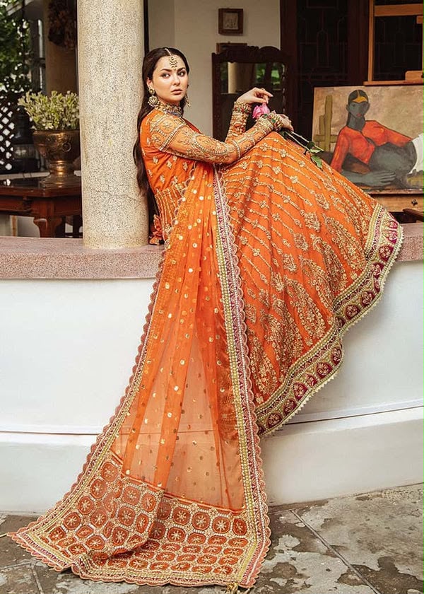 Burnt orange net maxi suit side view with embroidered dupatta