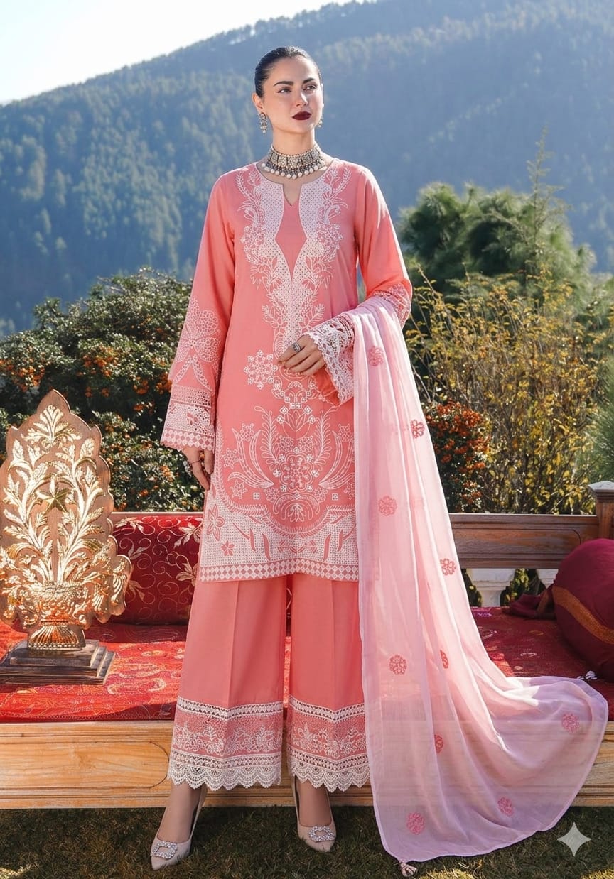 Coral pink chikankari embroidered lawn 3 piece unstitched suit front model view