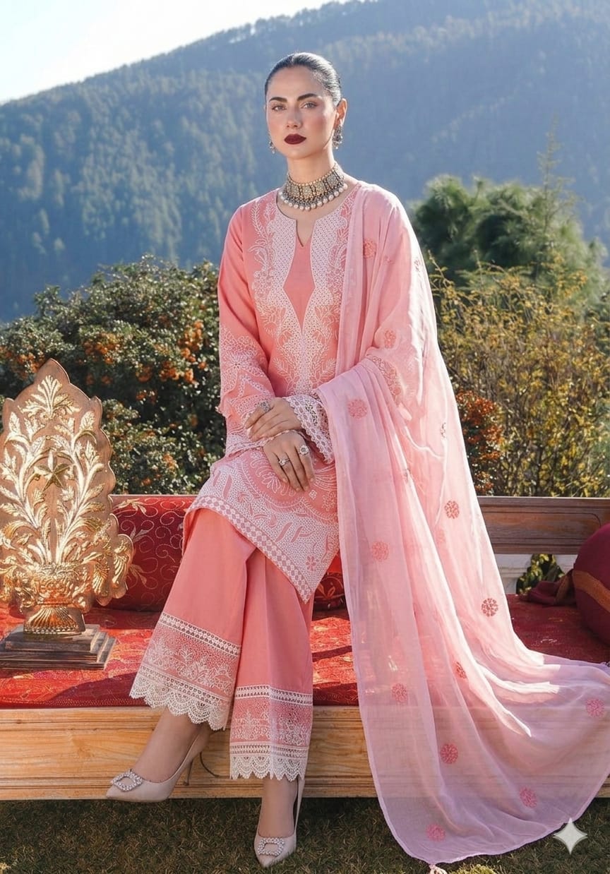 Coral pink chikankari lawn suit sitting model view with embroidered chiffon dupatta