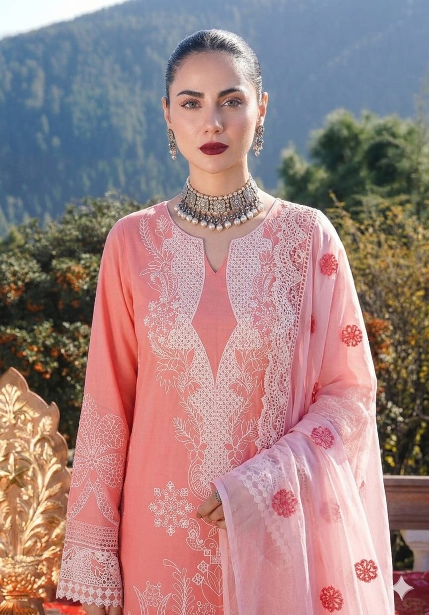 Coral pink lawn suit chikankari neckline and embroidery close up