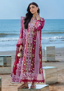 Deep magenta chikankari embroidered cotton 3 piece unstitched suit front model view