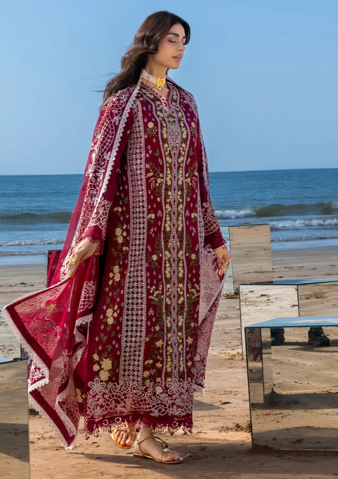 Deep magenta chikankari cotton suit with embroidered front and dupatta model view