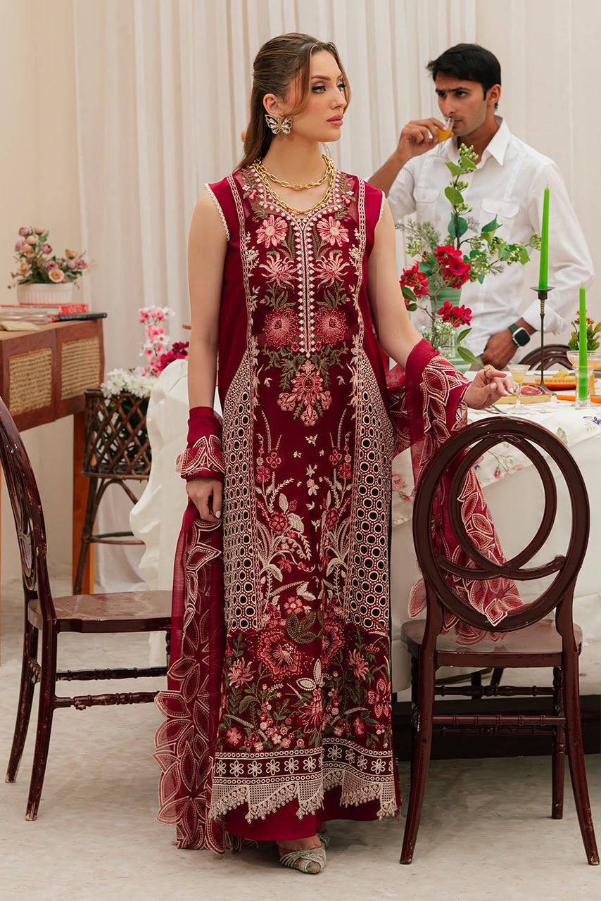 Deep maroon chikankari embroidered cotton 3 piece unstitched suit front model view