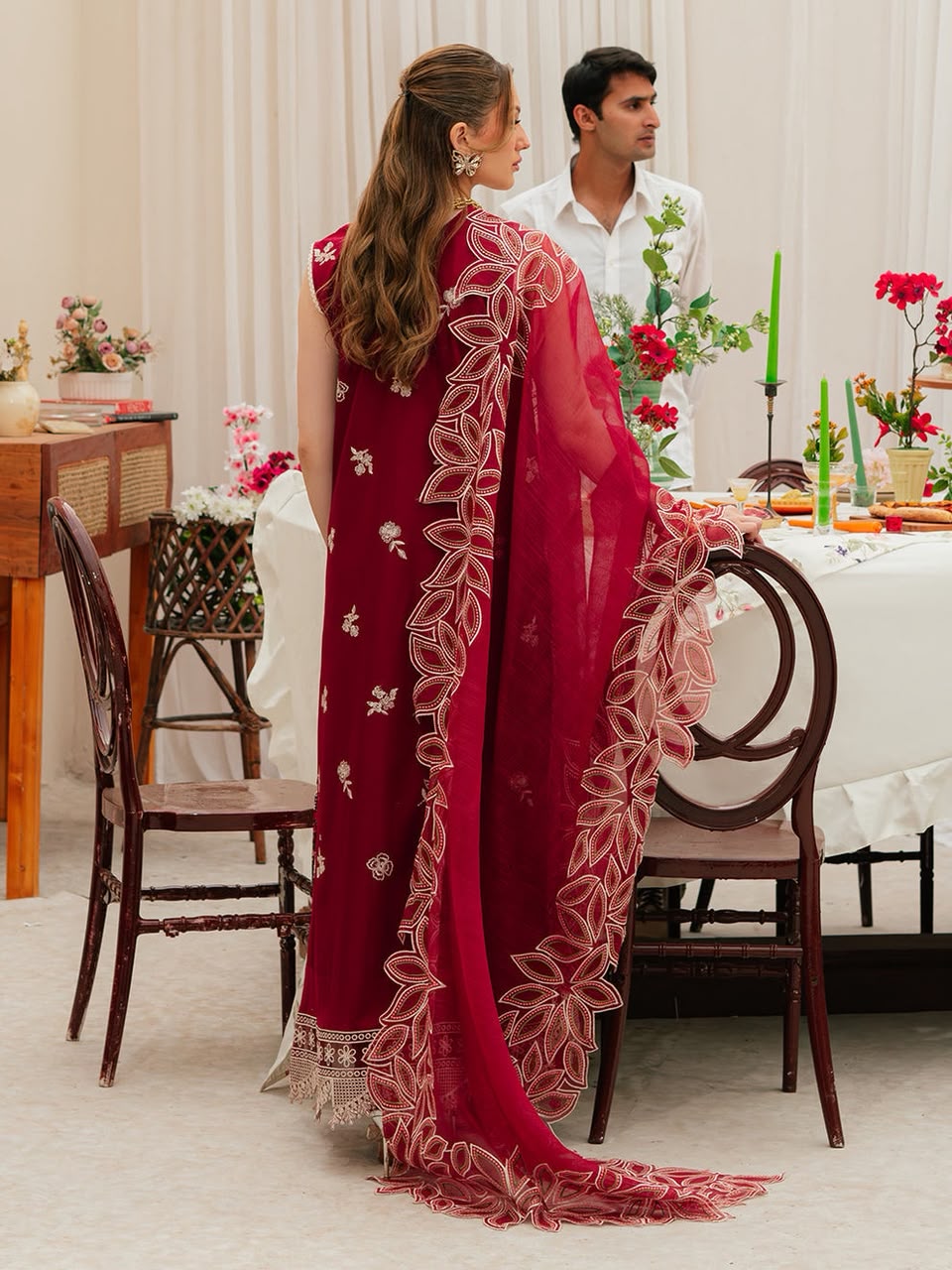 Deep maroon chikankari suit back view with khaddi net dupatta