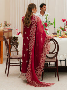 Deep maroon chikankari suit back view with khaddi net dupatta