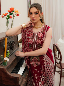 Deep maroon embroidered cotton suit close up showing front embroidery and dupatta