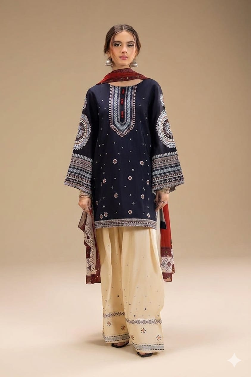 Deep navy embroidered lawn 3 piece unstitched suit front model view
