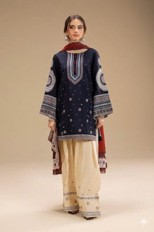 Deep navy embroidered lawn 3 piece unstitched suit front model view
