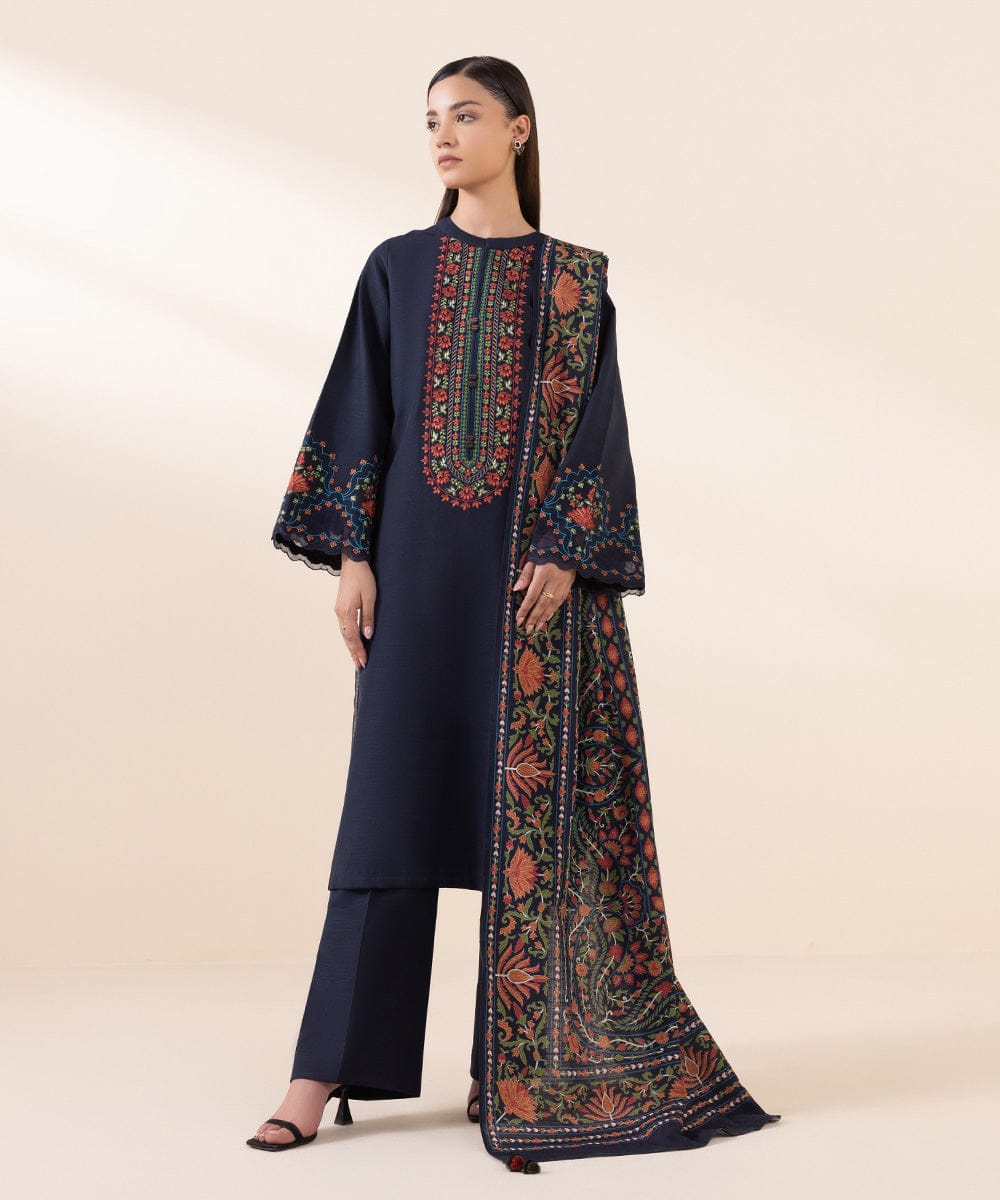 Deep navy embroidered lawn 3 piece unstitched suit front model view