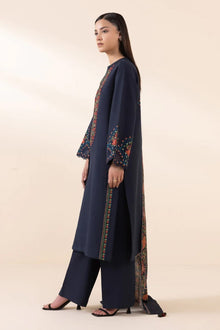 Deep navy embroidered lawn suit side model view with plain trouser