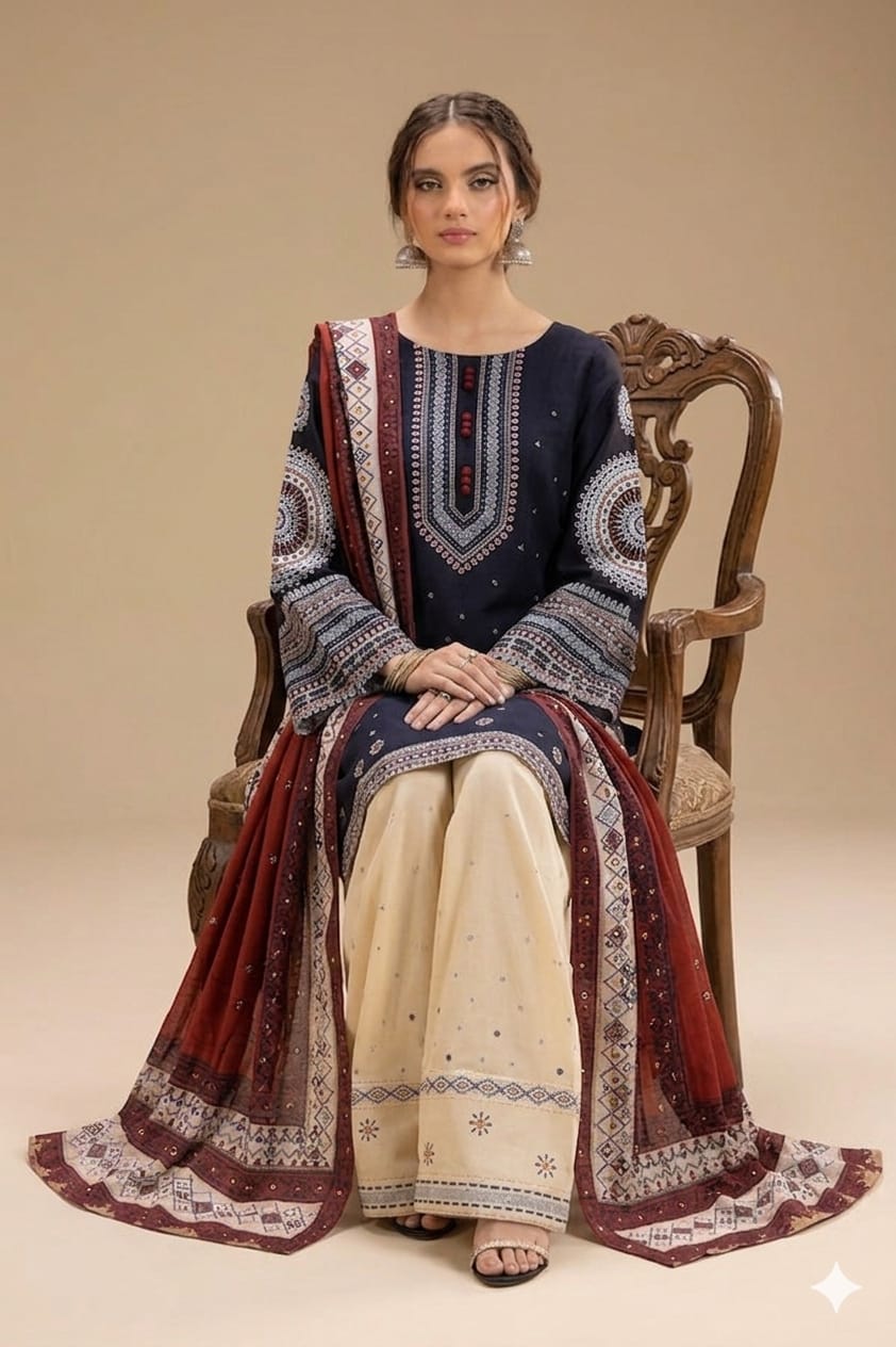 Deep navy embroidered lawn suit sitting model view with maroon printed dupatta
