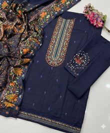 Deep navy embroidered lawn unstitched suit flat lay with shirt sleeves trouser and dupatta