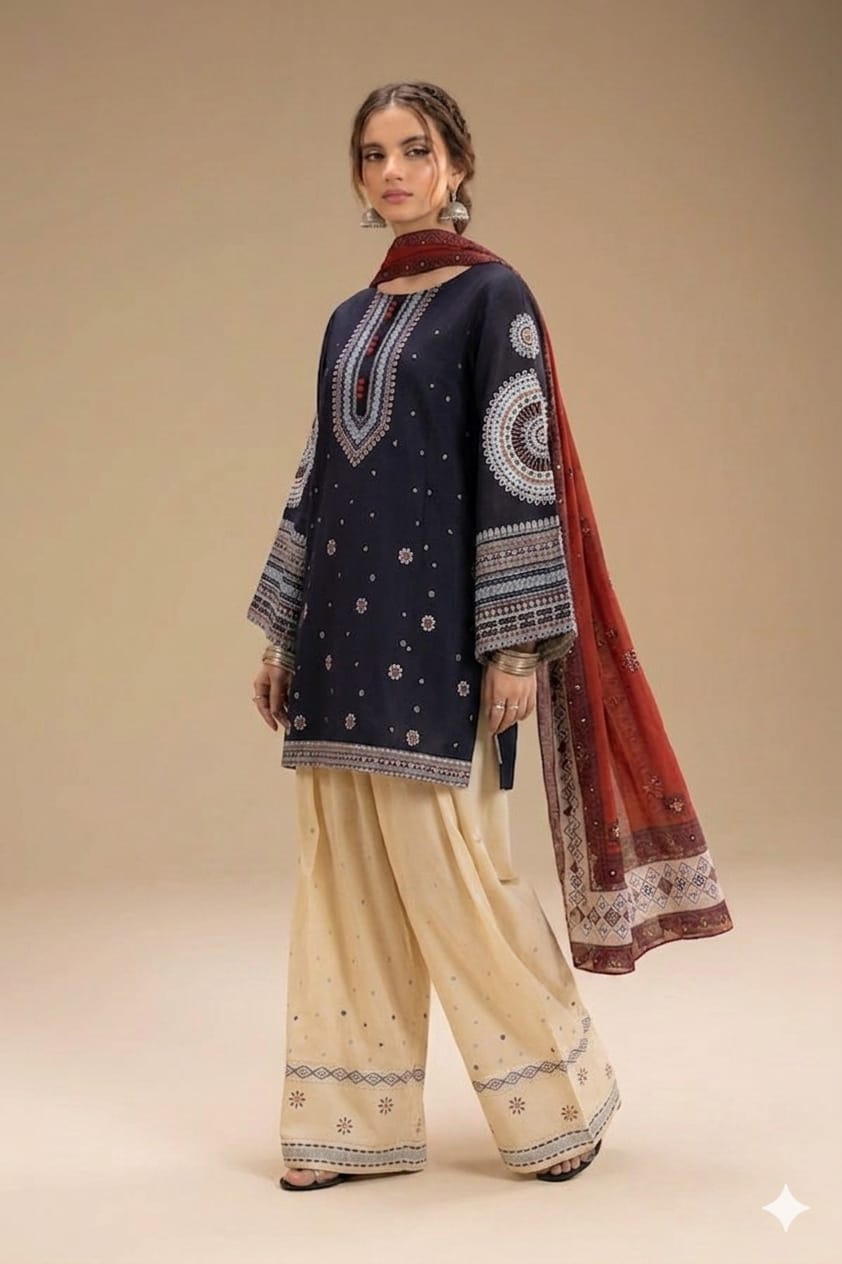 Deep navy lawn suit with cream embroidered trouser and printed dupatta
