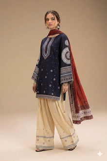 Deep navy lawn suit with cream embroidered trouser and printed dupatta
