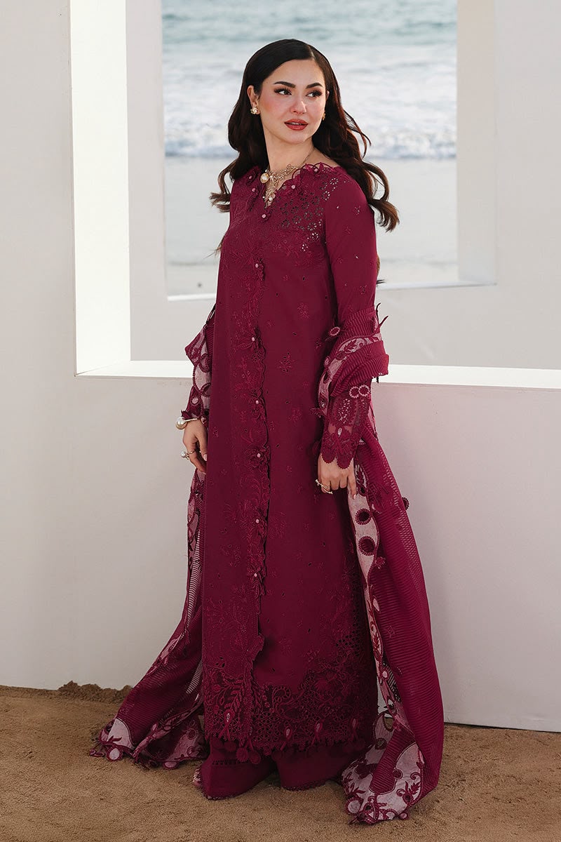 Deep plum chikankari embroidered cotton 3 piece unstitched suit front model view
