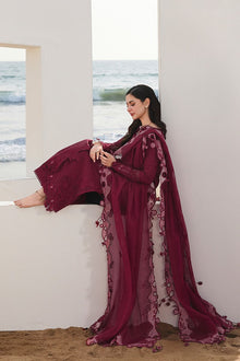 Deep plum cotton chikankari suit sitting model view with organza dupatta
