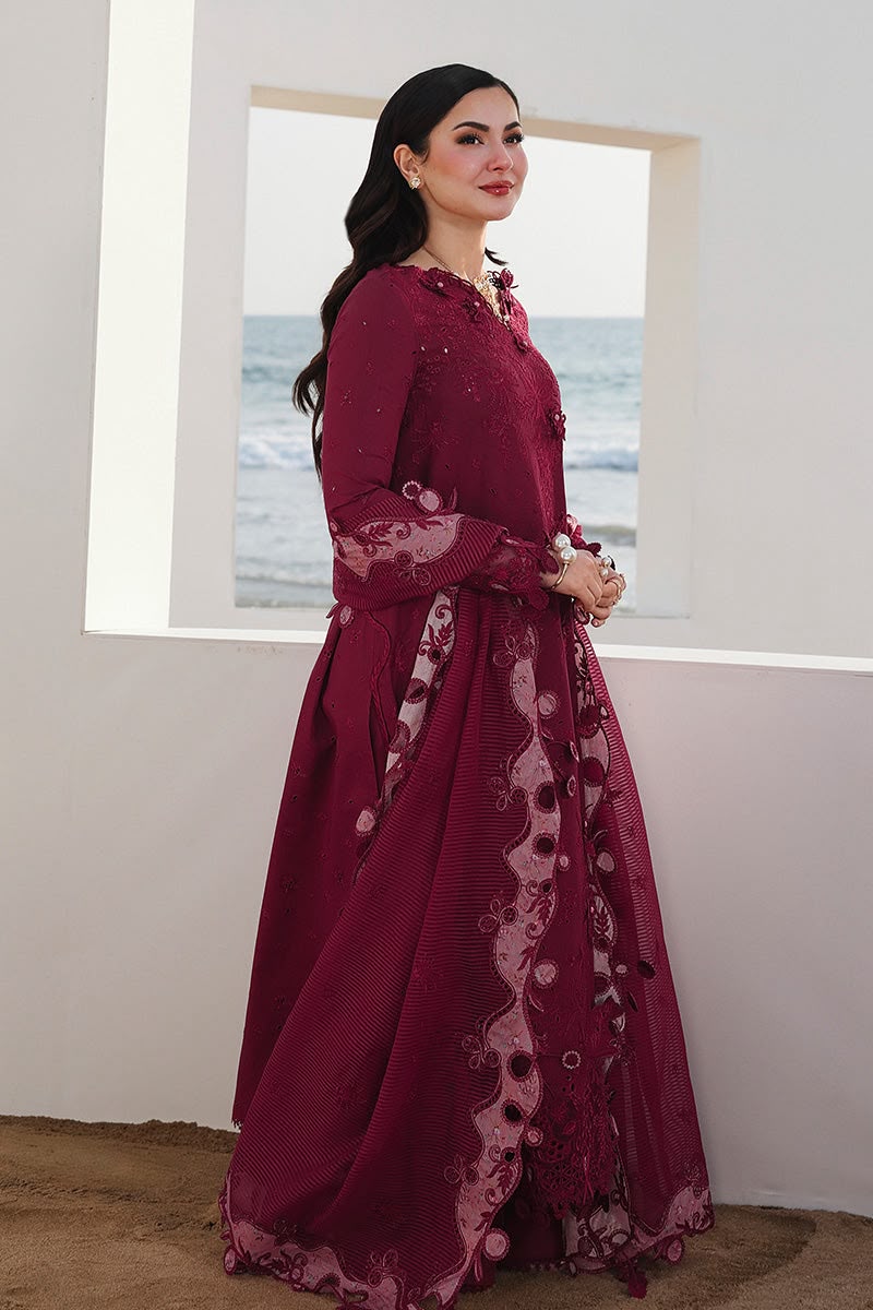 Deep plum cotton suit with embroidered organza dupatta front view